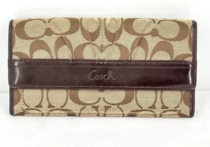 Coach Signature Canvas Khaki Jacquard Brown Leather Trifold Snap Closure Wallet thumbnail 1