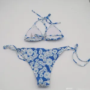 2 Piece Bikini Set Women S Blue Floral Stretch Smocked Spaghetti Straps Swimsuit thumbnail 4