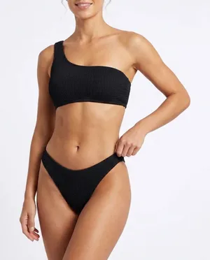 2 Piece Bikini Set Womens Small Black Textured One Shoulder Swimsuit Beachwear thumbnail 1