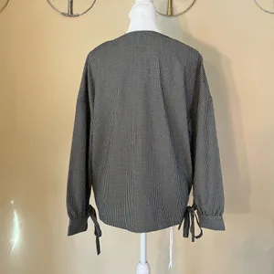 NWT! FRNCH Paris Blue White Gingham Check Long Tie Sleeve Blouse M/L thumbnail 4