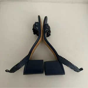 TORY BURCH Marguerite Perforated Floral Navy Blue Slingback Block Heel Sandal 10 thumbnail 10