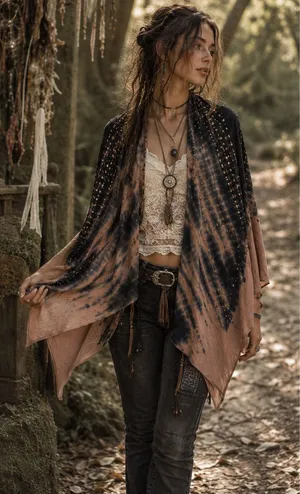 Y2K Vocal Tie Dye Stud Poncho Womens Top Sz Festival Goth Glam Boho Fairy Grunge thumbnail 1