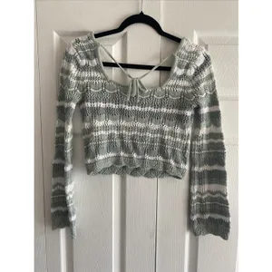 Aqua‎ Blues Pointelle Knit Striped Crop Sweater Womens Size M Sage Green Cotton thumbnail 5