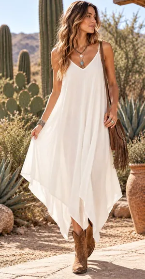 Elan White Sheer Asymmetric Handkerchief Hem Slip Dress Boho Resort Midi Medium thumbnail 1