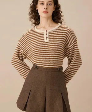 RIHOAS Brown Striped Pleated Mini Skirt Size M thumbnail 5