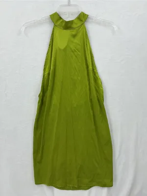97% silk High-Neck Olive Green Satin Mini Dress 1211 thumbnail 2