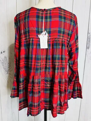 Mudpie Womens Red Plaid Peplum Flounce NWT Top Size Large Keyhole Back Neck thumbnail 5