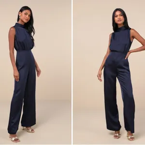 LULU's Sexy Elegant Chic Minimalistic Wedding Navy Satin Wide Leg Jumpsuit thumbnail 3