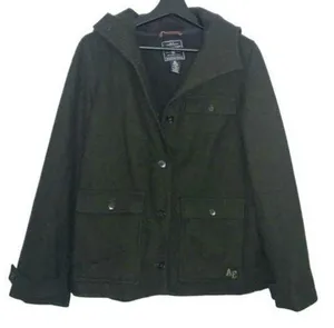 American Eagle Womens Wool Pea Coat Size M Dark Olive Marled Fleece Lined Hooded thumbnail 1