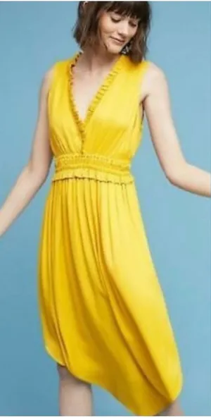 Anthropologie Maeve La Habana Gauze Midi Dress Medium Mango Yellow Smocked VNeck thumbnail 1