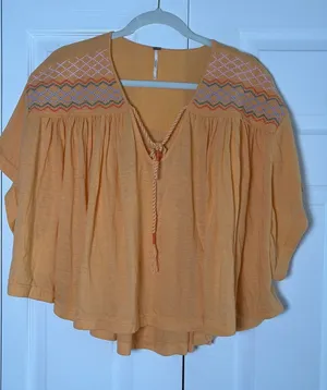 Free People Embroidered Boho Peasant Top Womens Size L Orange Tassel Cotton thumbnail 1