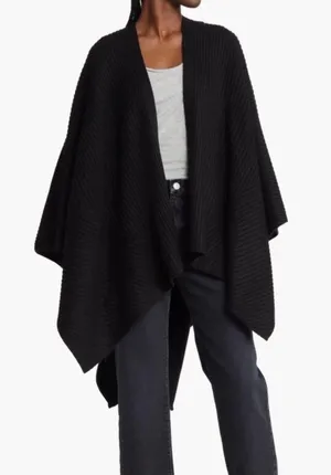 NEW! Time and Tru Black Knit Open Front Ribbed Ruana Shawl Wrap Poncho One Size thumbnail 1