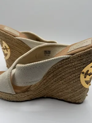 Tory Burch Kristen Espadrille Wedge Sandals Cream Canvas Gold Logo Women’s 10 thumbnail 7