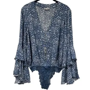 Free People Ditsy Floral Lace Bell Ruffle Sleeve Bodysuit Fairy Whimsical S thumbnail 2