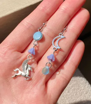 Handmade Czech glass beads whimsical fairy Pegasus & moon dangle earrings 🌙🦄 thumbnail 3