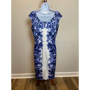 White House Black Market White Blue Floral Satin Sheath Dress Fully Lined Size 8 thumbnail 4