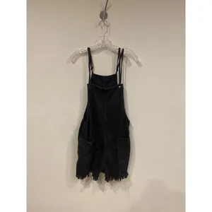 Aerie Overalls Womens Large Black Denim Fringe Hem Pockets Casual Mini thumbnail 2