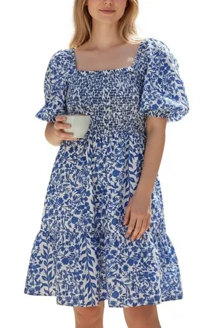 THML Blue White Floral Smocked Mini Dress Medium Puff Sleeve Coastal Cottagecore thumbnail 1