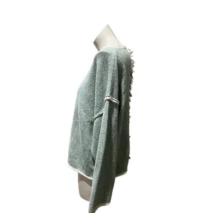 Womens Sweater Size M Sage Green Textured Knit Boat Neck Fringe Long thumbnail 5