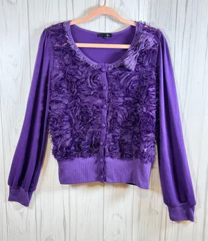 RYU Purple‎ Very Fairy Coquette Mesh Front Button-up Cardigan, Large thumbnail 1