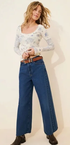 Free People We The Free Clover Thermal Size Small Ivory Blue NWT 100% Cotton thumbnail 1