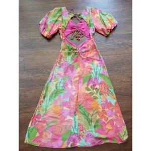 FARM Rio Pink Tropical Maxi Dress Size S Open Back Summer Vacation Boho Flawed thumbnail 7