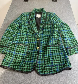 Avec Les Filles Women Houndstooth Leather Trim Blazer Jacket L Chic Plaid 70s thumbnail 1