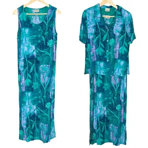 Two Piece Dress Blouse Floral Crinkle Fabric Sleeveless Shift Summer Casual thumbnail 2