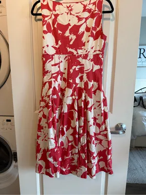Ralph Lauren Red & White Floral V-Neck Midi Dress with Pockets thumbnail 5