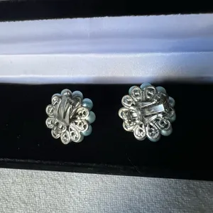 vintage 1950s-1960s cluster clip-on earrings, featuring blue faux pearl thumbnail 7