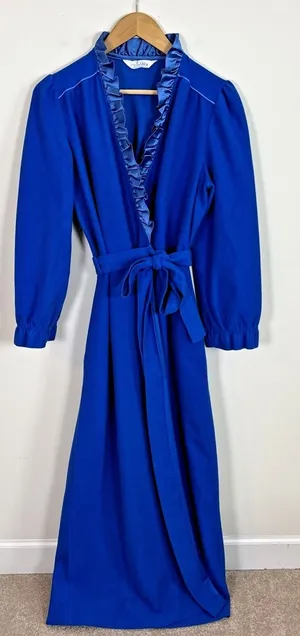 Vtg Sears At Home Wear Robe Womens Sz M Royal Blue‎ Ruffle Trim Long thumbnail 1