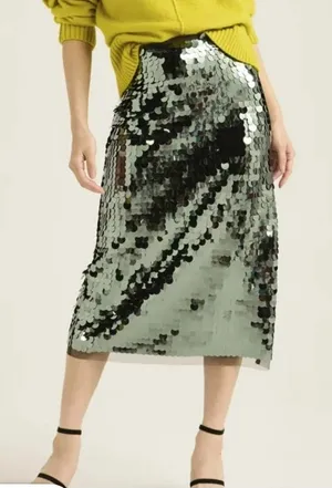 Scoop Olive Green Large Sequin Stretch Low Rise Midi Skirt Size Small NWT thumbnail 1