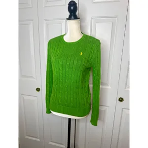 POLO RALPH LAUREN Women's S Crew Neck Cable Knit Cotton Sweater Lime Green Flaw thumbnail 6