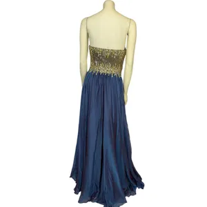 2000s Glow Dress Blue Chiffon Beaded Prom Gown Gold Sequin Formal Strapless S thumbnail 3