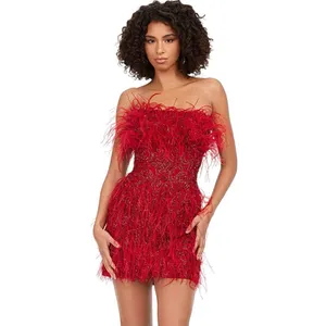 ASHLEYlauren 4615 Red Beaded Feather Cocktail Dress Strapless 2 Pageant Prom thumbnail 2