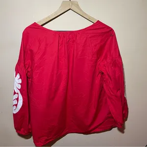 J. Crew Red Peasant Blouse with White Tassel Ties thumbnail 2