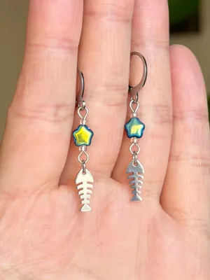 Handmade fish bone & star stainless steel unique funky dangle earrings🌀🐟💙⭐️ thumbnail 3