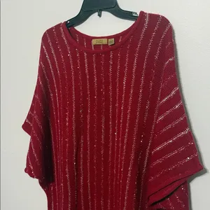 Valerie Stevens Red Knit Sparkle Fringed Shaw Sweater Top thumbnail 2