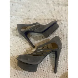 MARY CHING $399 Jennifer Platform Shoe Stiletto Heels Gray Suede Size 37 7 Peep thumbnail 6