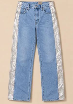 Levi's Womens Jeans 25 Blue Silver Cinch Baggy Metallic Side Stripe High Rise thumbnail 1