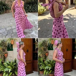 Alyweatry Pink Polka Dot Halter Maxi Dress Ruched V Neck Y2K Summer Sundress thumbnail 4