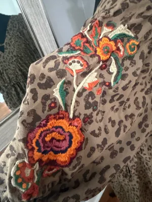 Cato Cheetah Print Floral Embroidered Puff Sleeve Ruffle Trim Boho Sedona Dress Large. thumbnail 4