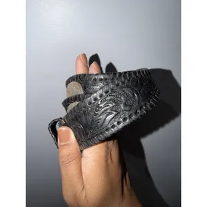 Vintage Heavy Tooled Leather Concho Belt Size 38 Western Biker Black Silver Tone thumbnail 3