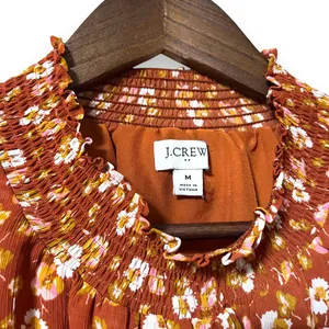 J Crew Shirt Medium Smocked Puff‎ Sleeve Ruffle Burnt Orange Floral Blouse thumbnail 3