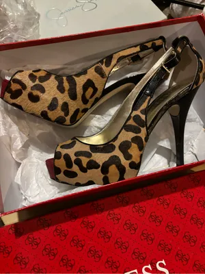 Guess Leopard Print Peep-Toe Slingback Heels with Red Accent thumbnail 2