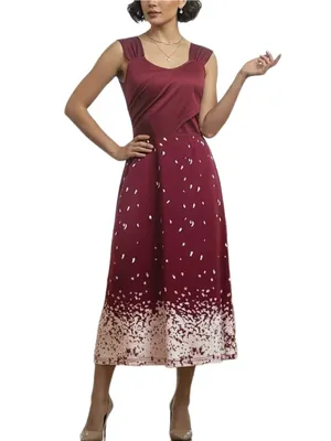 Women's Elegant Floral Print Sleeveless Waist-cinching Dress Burgundy Color thumbnail 5