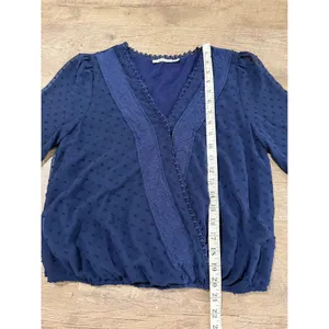 Mi Ami Navy Blue Swiss‎ Dot Lace Trim Faux Wrap Long Sleeve Blouse Medium thumbnail 7
