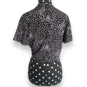 Shein Womens Blouse Sz S Black and White‎ Polka Dot Tie Front Cropped Length thumbnail 3