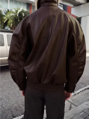 Zara Dark Brown Oversized Faux-Leather Bomber Jacket thumbnail 2