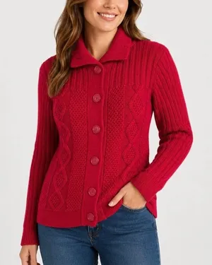 LL Bean Red Cable Knit Wool Blend Collar Button Up Cardigan Sweater MEDIUM thumbnail 1